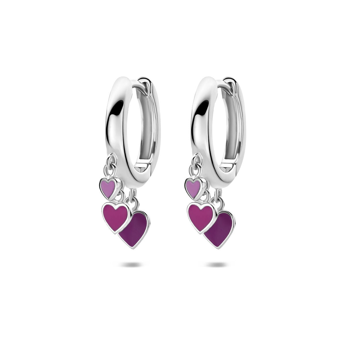 Gerhodineerde 925 zilveren klapoorringen met paarse en fuchsia emaille hartjes.
