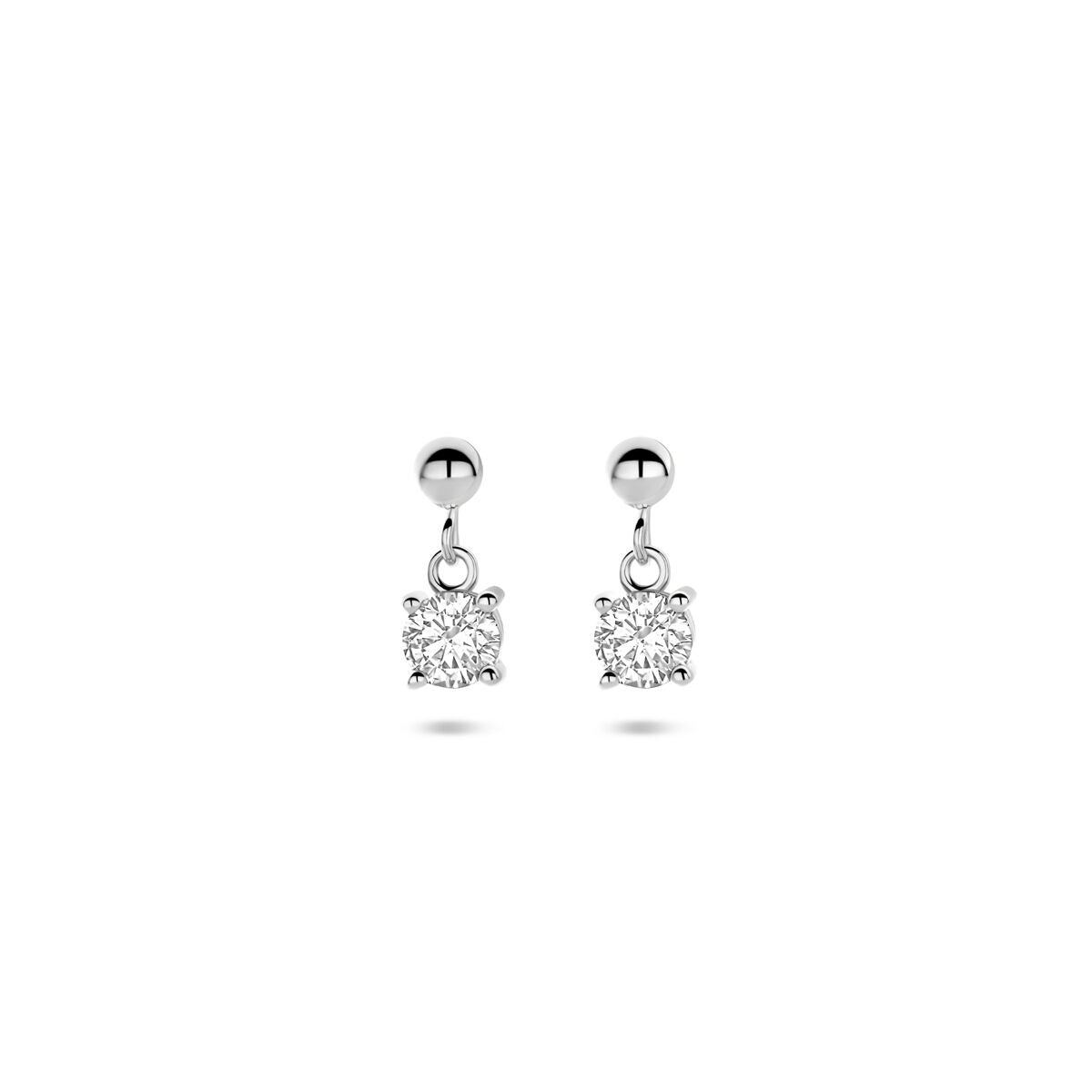 Orecchini in argento rodiato con zirconi, forma rotonda, diametro di 11 mm.