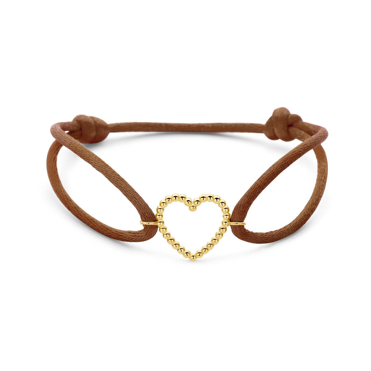 Bracciale in satin marrone con cuore in oro 14k.