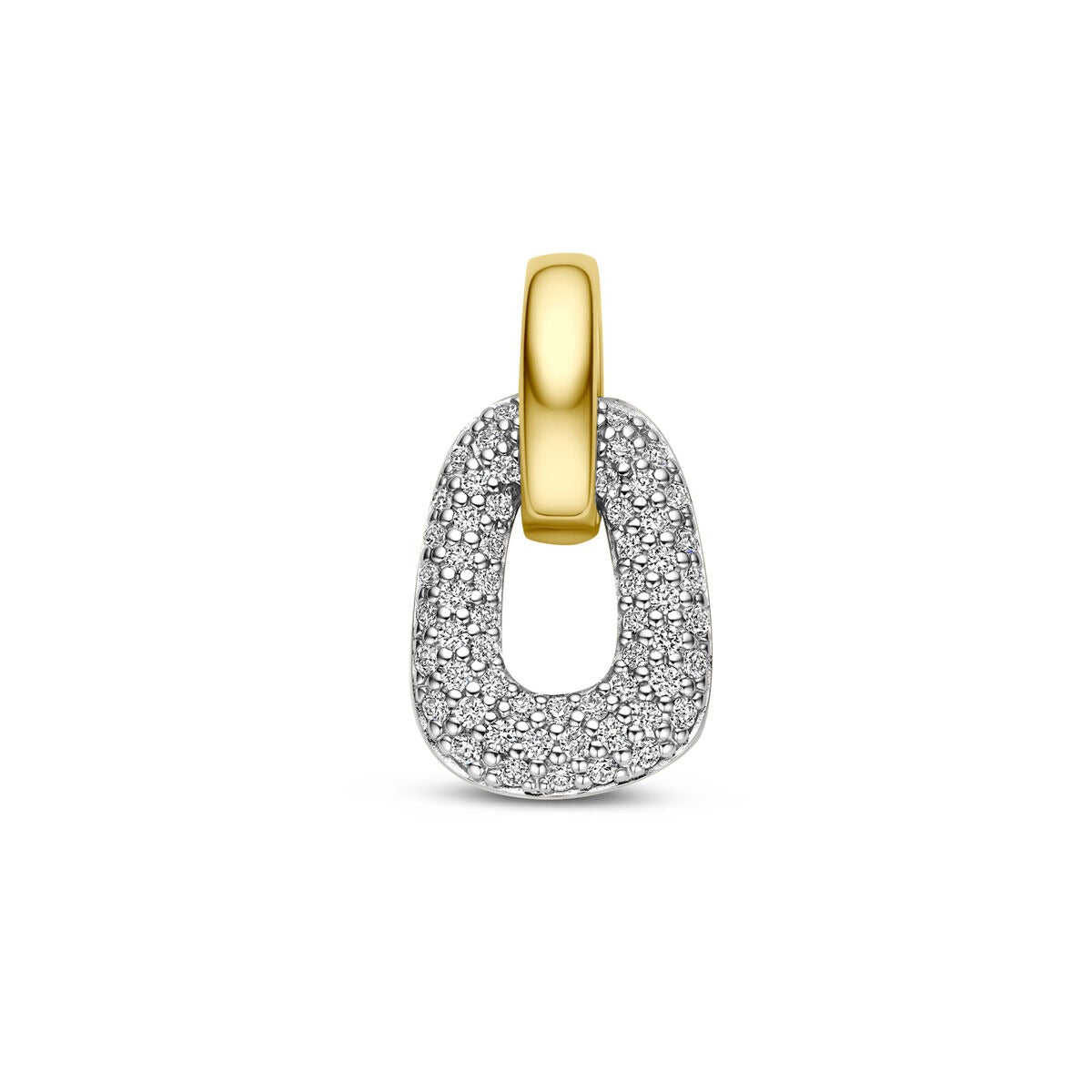 Ciondolo bicolore in oro 14k con diamanti, forma ovale e finitura lucida.
