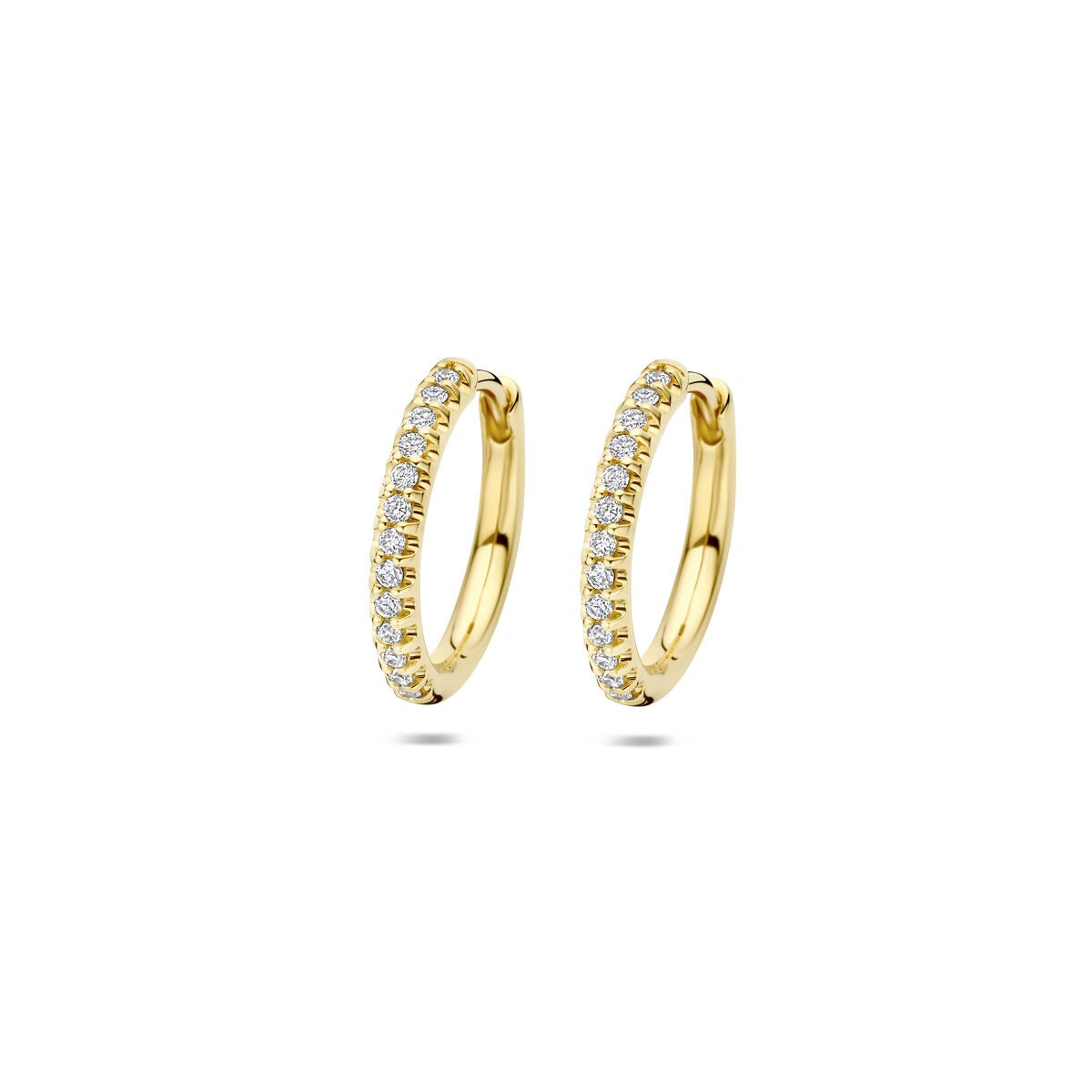 Orecchini alla creola in oro giallo 14k con diamanti lab grown, misura 14.5x2 mm.