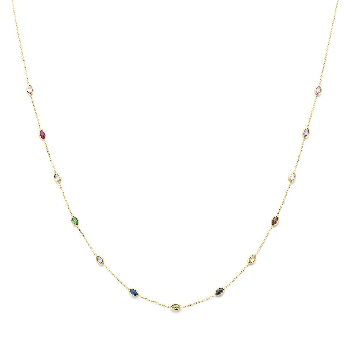 Collana in oro giallo 14k con zircone colorate, regolabile da 41 a 45 cm.