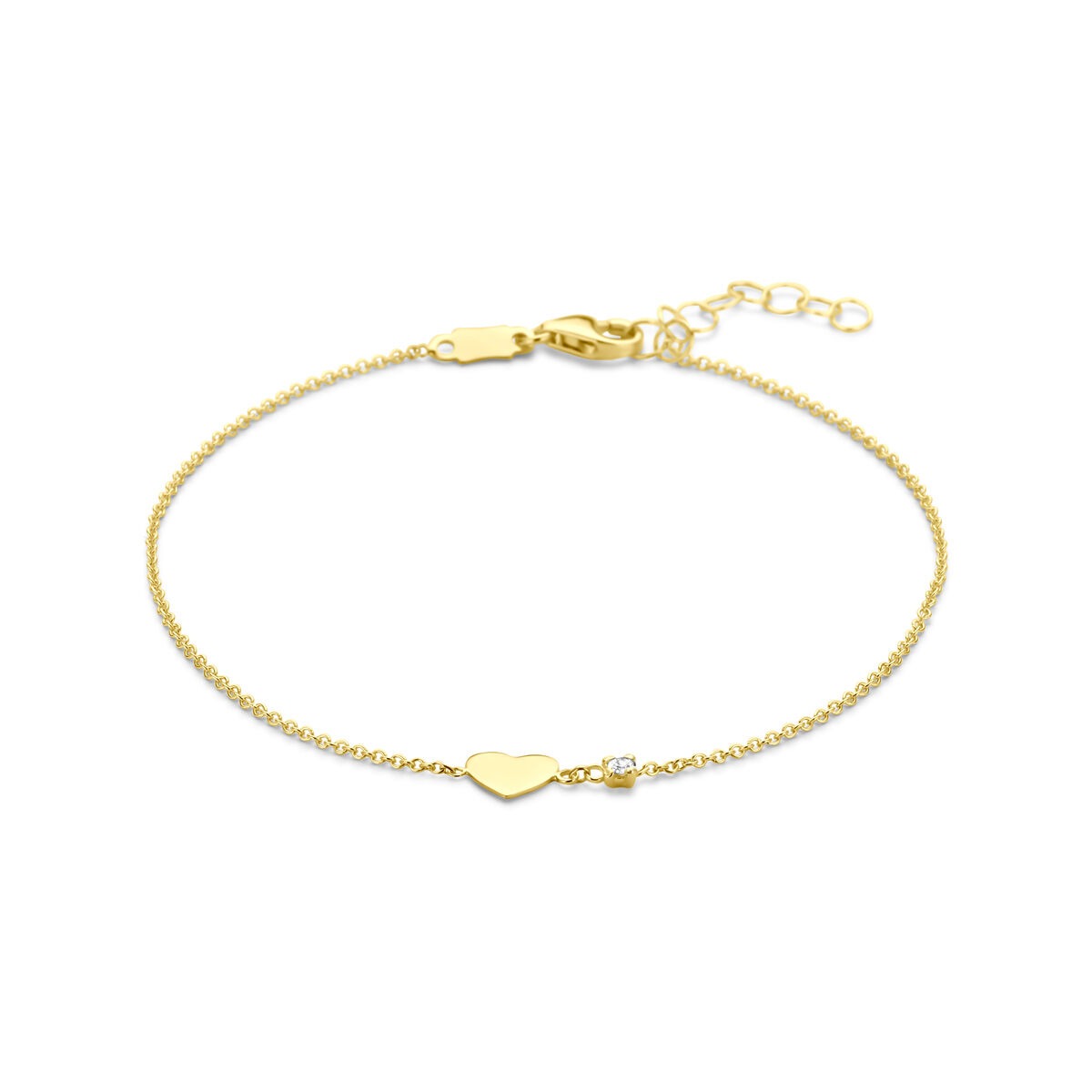 Bracciale in oro giallo 14k con cuore e diamante, lunghezza 16-18 cm.