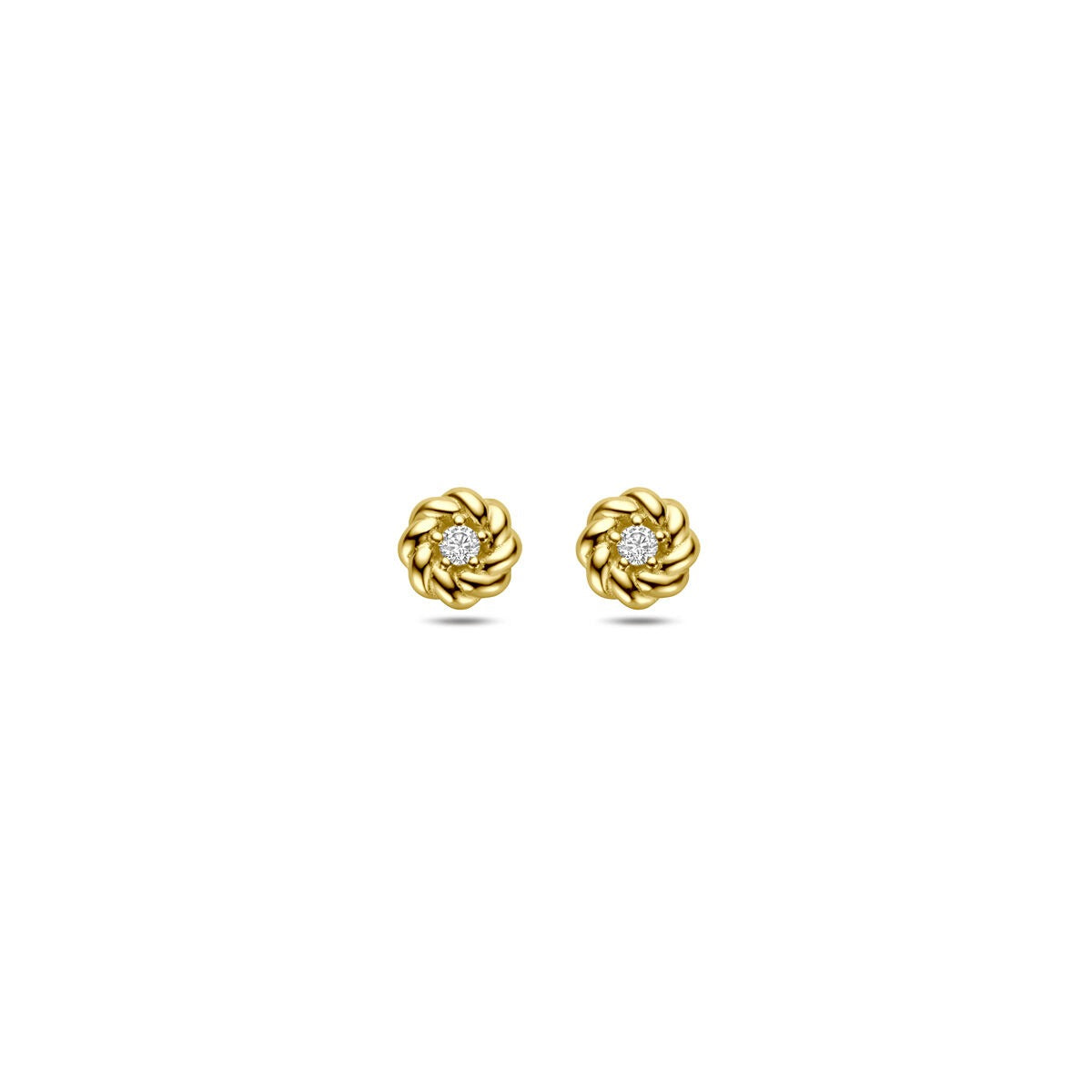 Orecchini da donna in oro giallo 14k con zircone, design a fiore, diametro 5 mm.