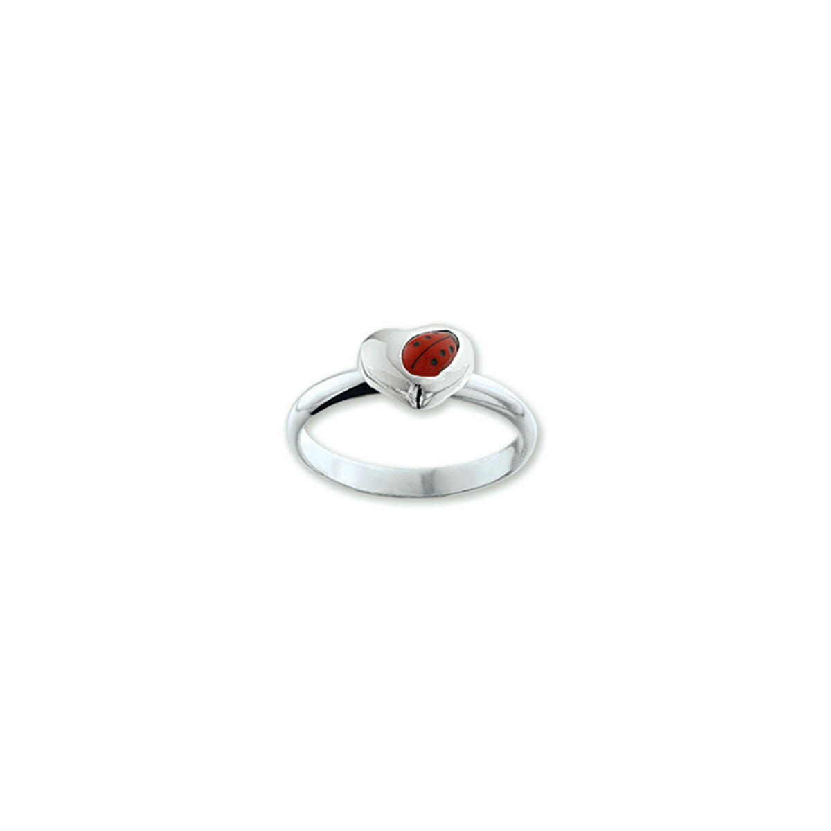 Anello in argento rodiato con cuore e coccinella rossa.
