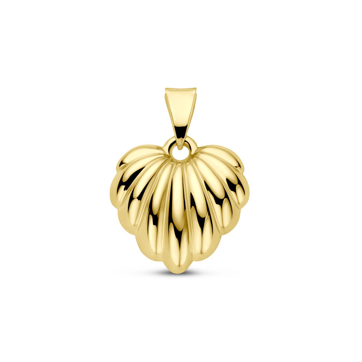 Ciondolo a forma di cuore in oro giallo 14k con finitura lucida e dettagli ondulati.