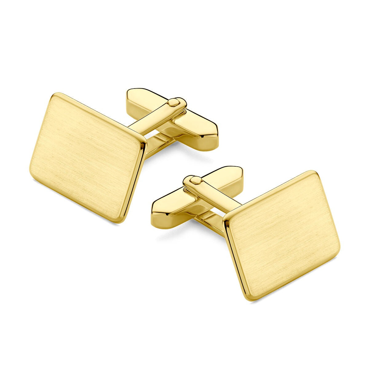 Gemelli in oro giallo 9k con finitura lucida e opaca, forma rettangolare.