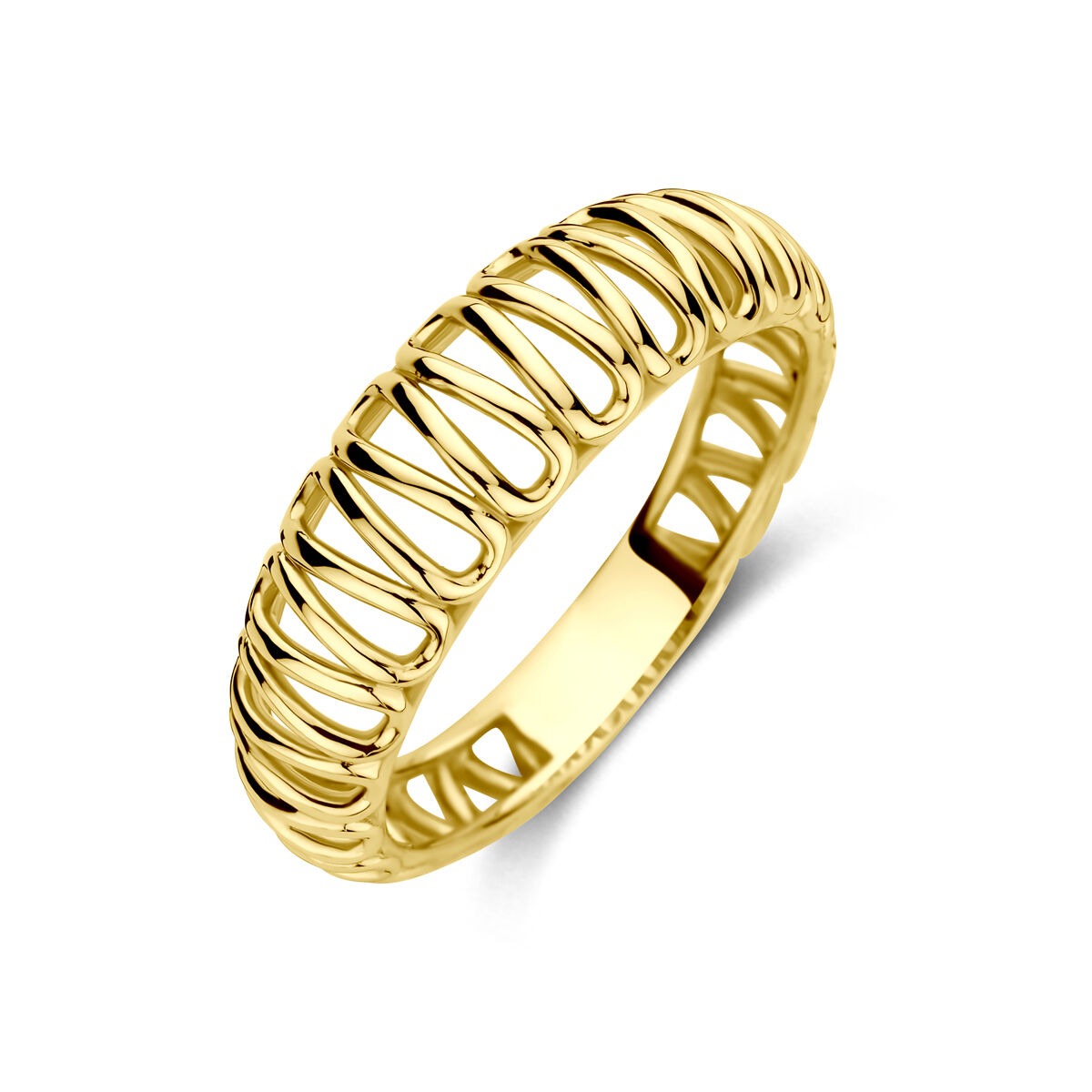Anello in oro giallo 14k, largo 6 mm, con design intrecciato e finitura lucida.