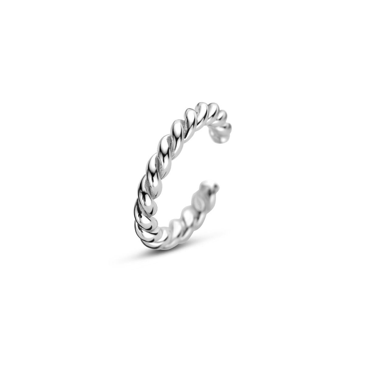 Orecchino a cuff in argento 925 rodiato con design intrecciato.