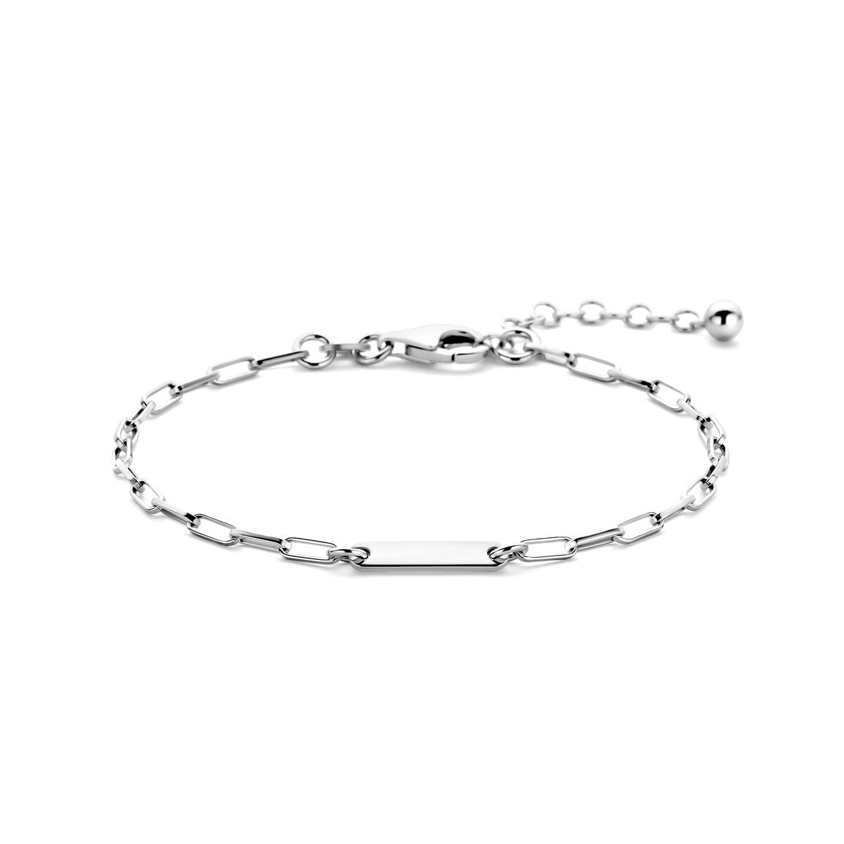 Gerhodineerde 925 zilveren armband met paperclip schakels en een glad plaatje, voorzien van een verlengkettinkje.