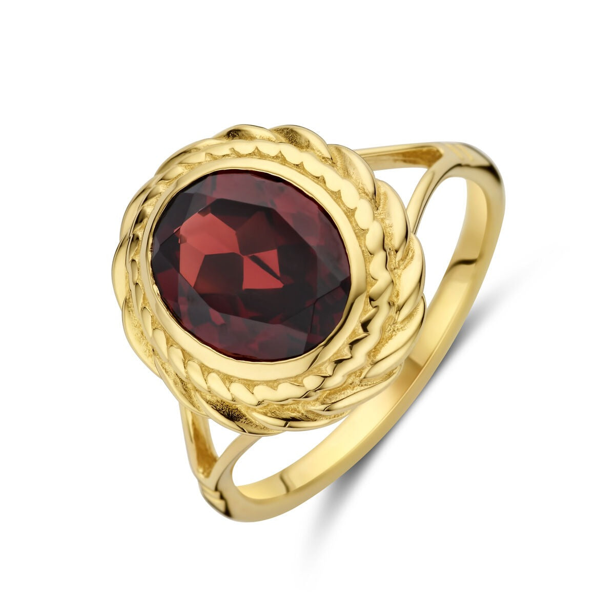 Anello in oro 14k con granato, forma ovale, montatura intrecciata.