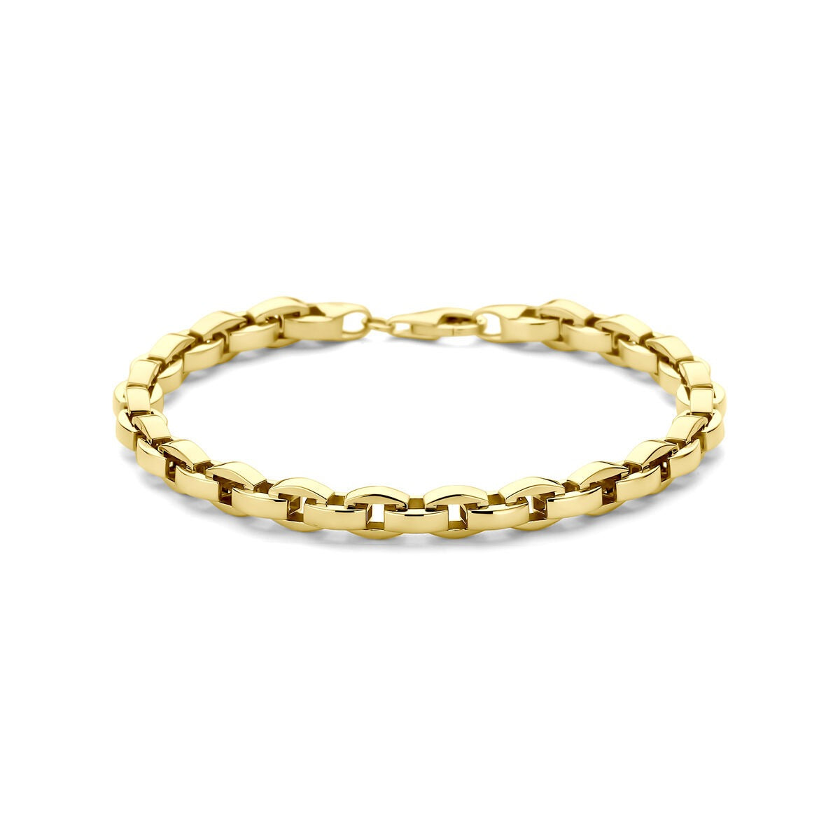 Bracciale in oro 14k con maglia rolò di 5,3 mm e lunghezza di 19 cm.