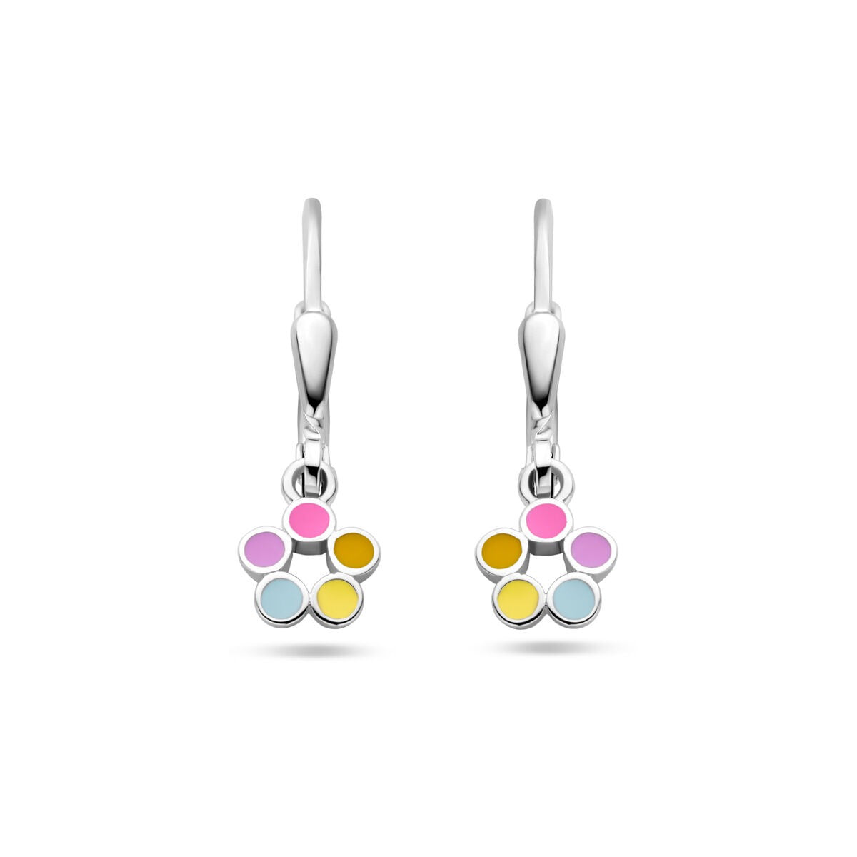 Orecchini a forma di fiore in argento rodiato con smalto colorato rosa, giallo e azzurro.