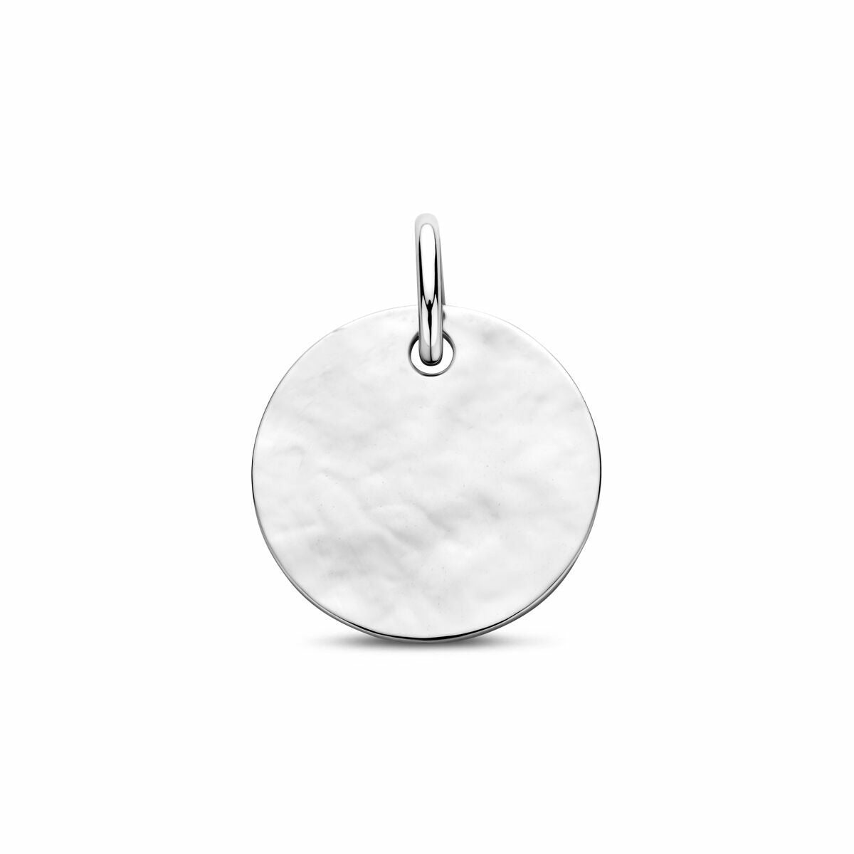 Ciondolo rotondo in argento 925, finitura lucida e superficie martellata, diametro 12 mm.