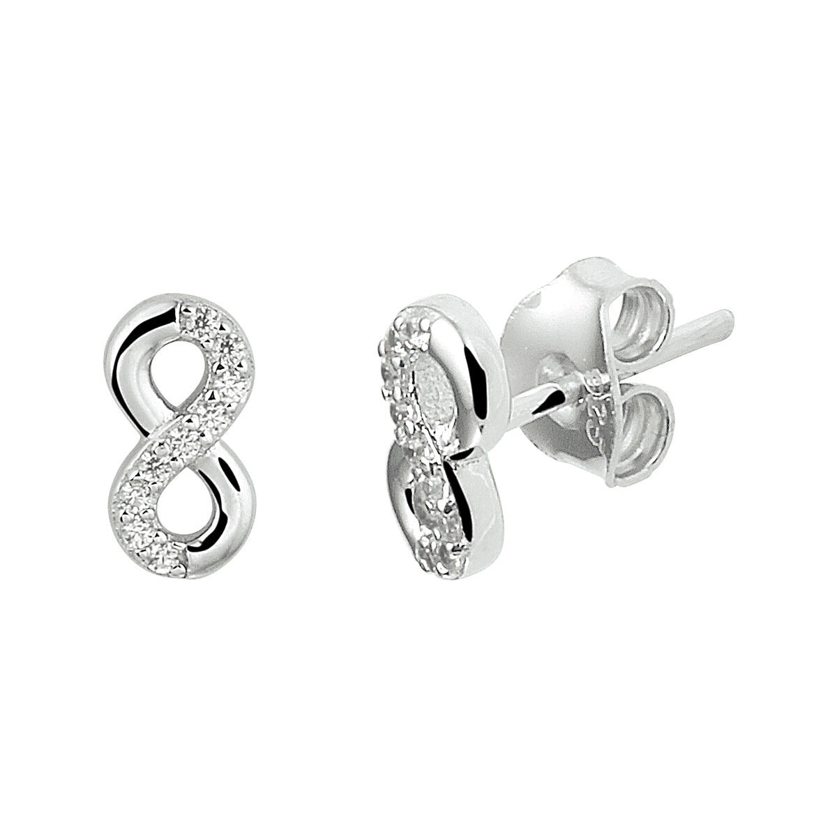 Orecchini a bottone in argento 925 rodiato a forma di infinito con zirconi.