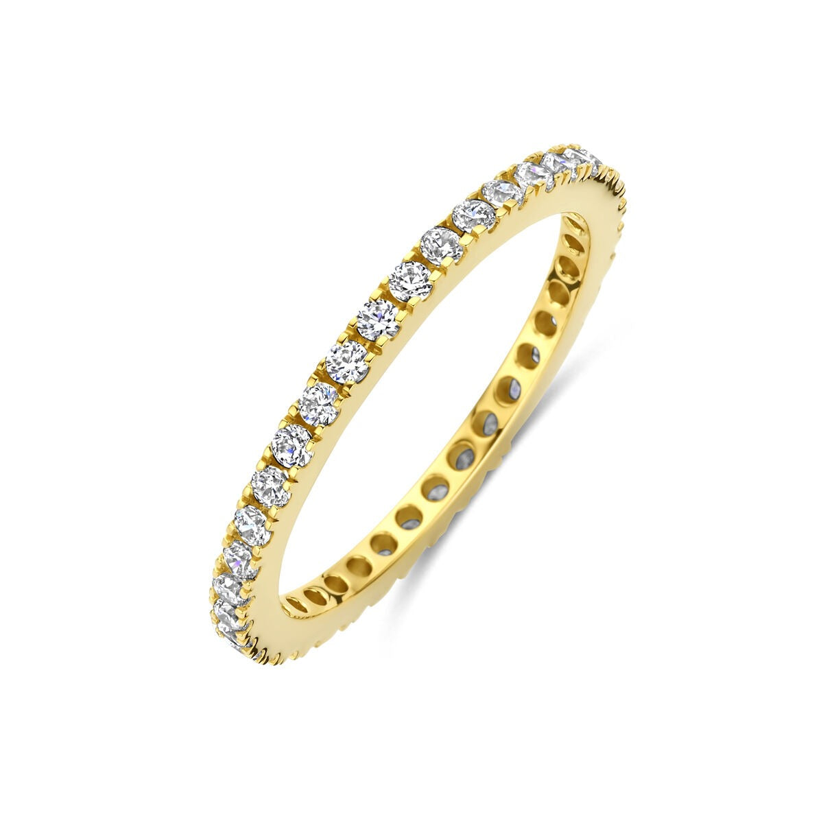 Anello in argento 925 dorato con zircone, forma sottile e dettagli scintillanti.
