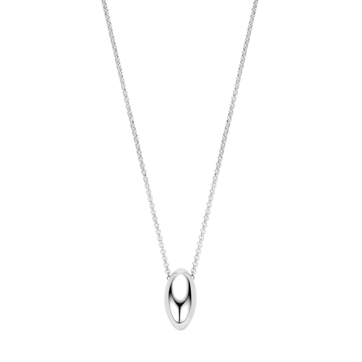 Collana argentata gerhodine con maglia rolò e ciondolo ovale.