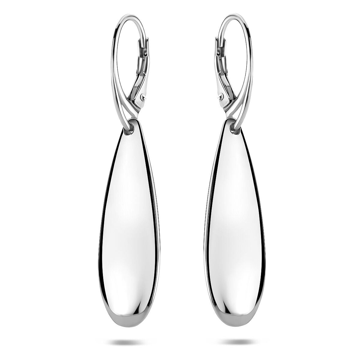 Orecchini d'argento a forma di goccia, lunghi 48 mm, con finitura lucida.