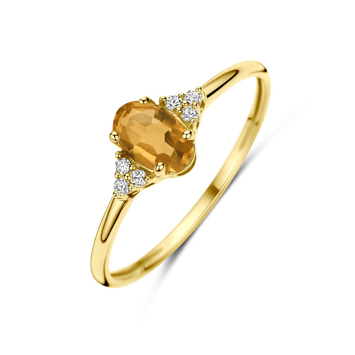 Anello in oro giallo 14k con citrino e zirconi, design delicato con pietra centrale ovale.