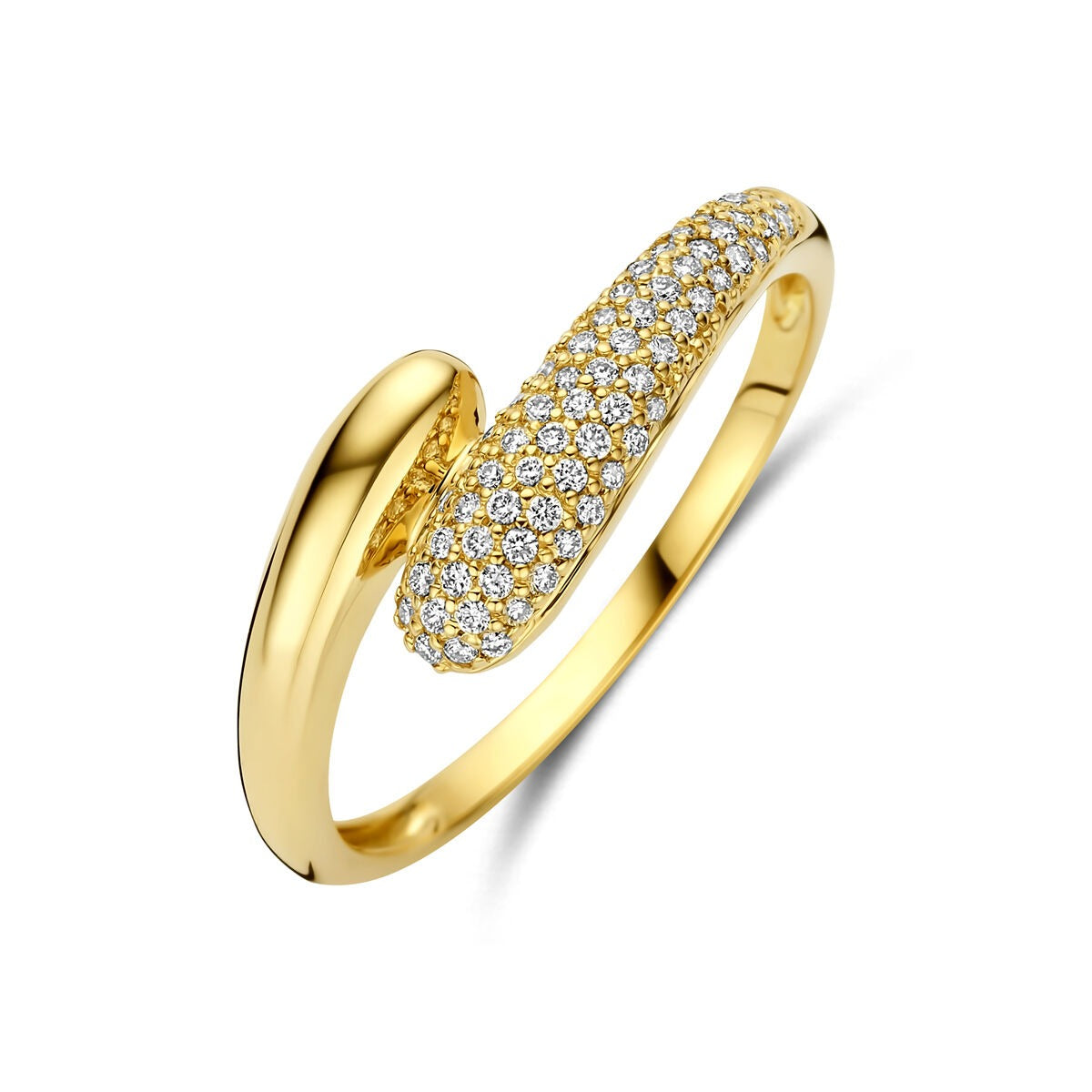 Anello in oro giallo 14k con diamanti da 0,15 ct, design ondulato e lucido.