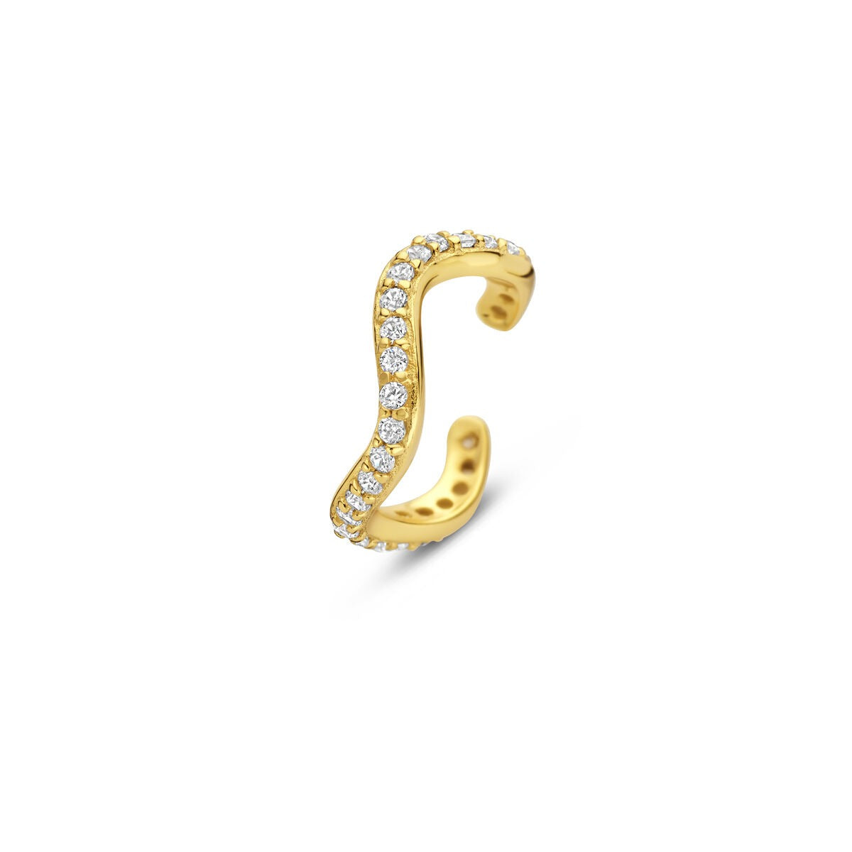 Ear cuff in argento dorato con zirconi, design ondulato e dettagli scintillanti.