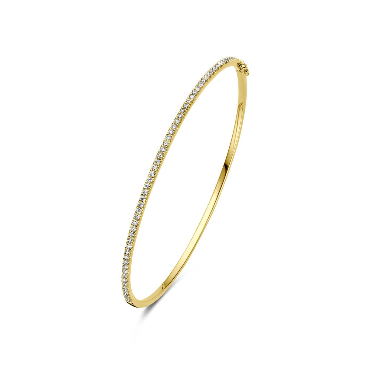 Bracciale in oro giallo 14k con diamanti incastonati lungo il bordo.