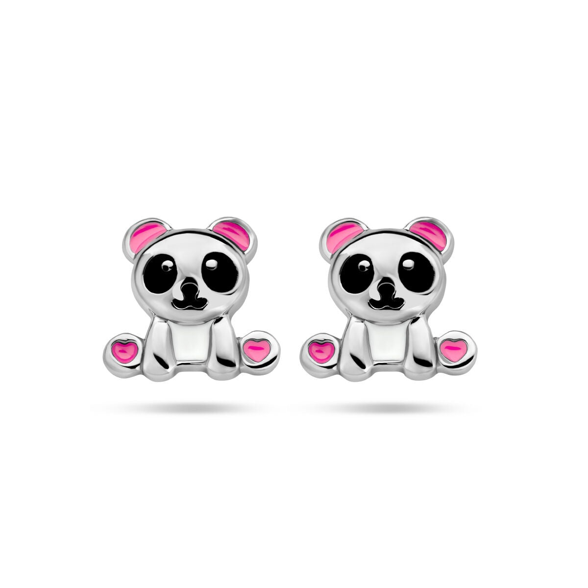 Orecchini a forma di panda in argento con smalto rosa e nero, adatti per bambini.