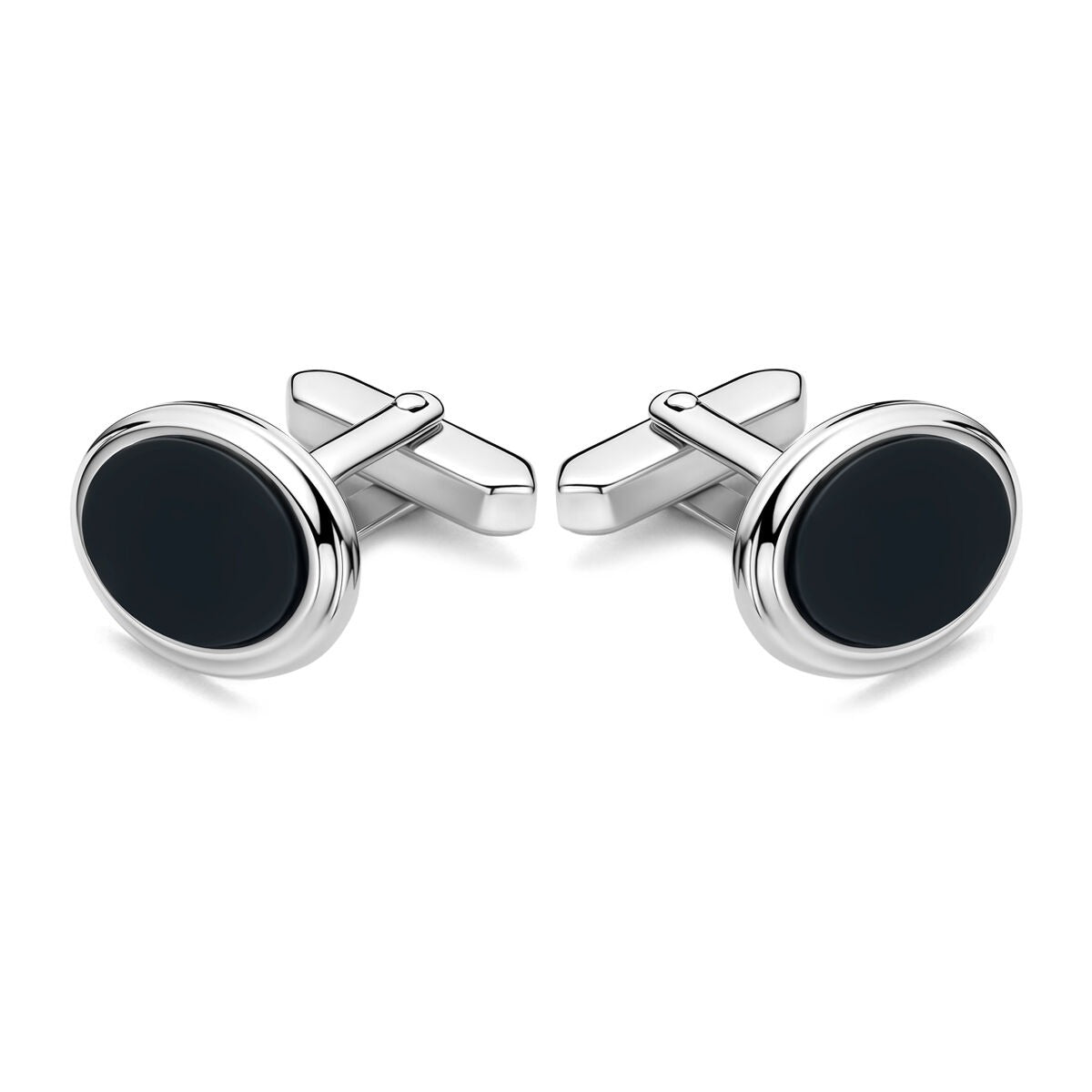 Manchetknoppen in argento 925 rodiato con onice, forma ovale e finitura lucida.