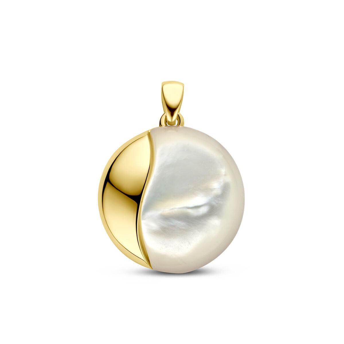 Pendente in oro giallo 14k con superficie in madreperla di 20 mm, forma rotonda.