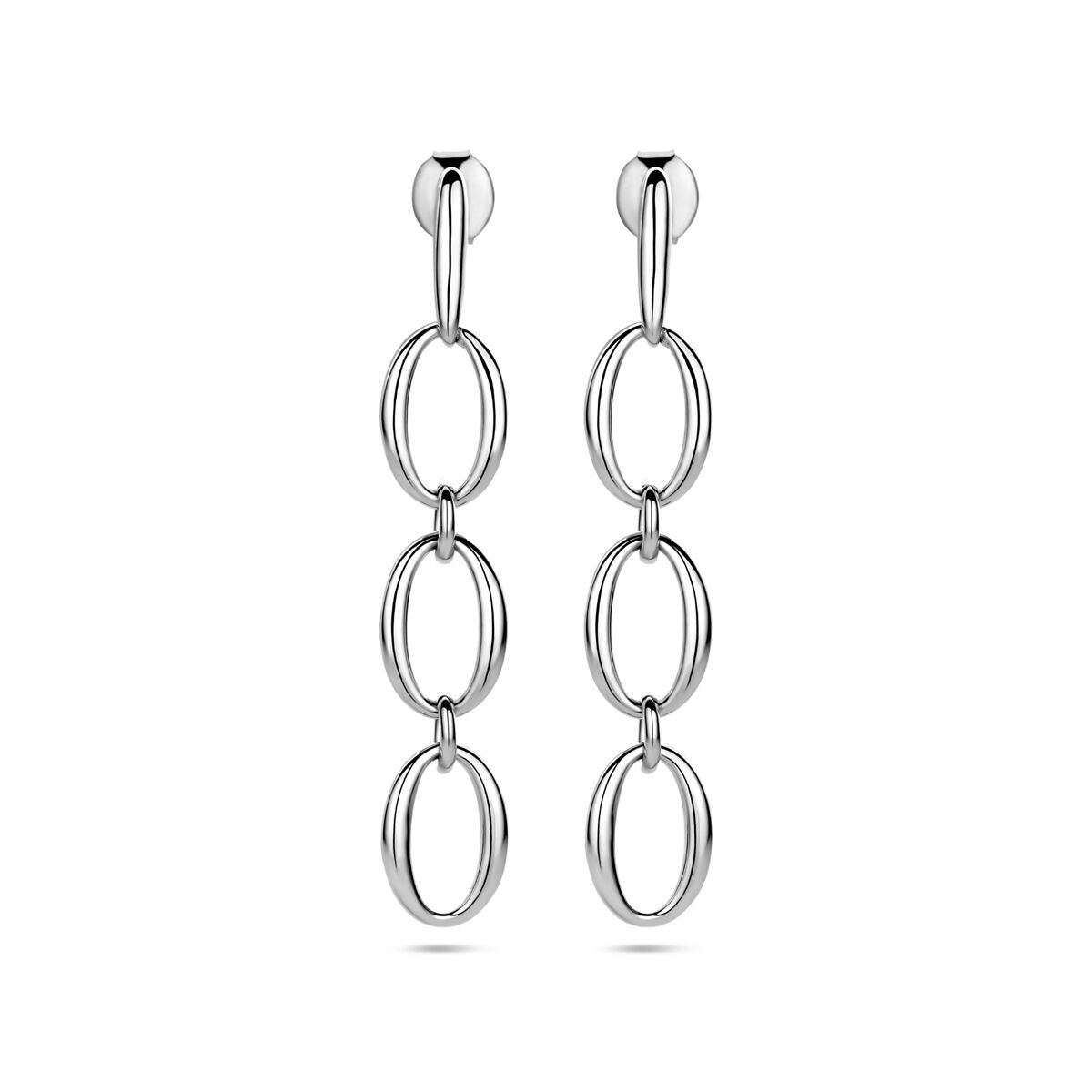 Orecchini pendenti in argento rodiato con anelli intrecciati, lunghezza 45 mm.