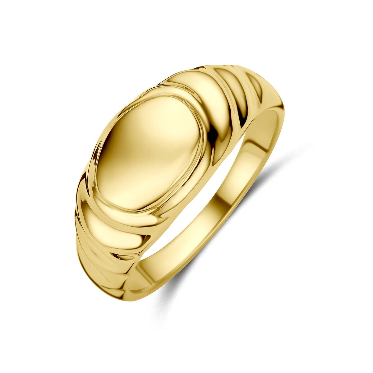 Anello in oro giallo 14k con superficie liscia e dettagli incisi.