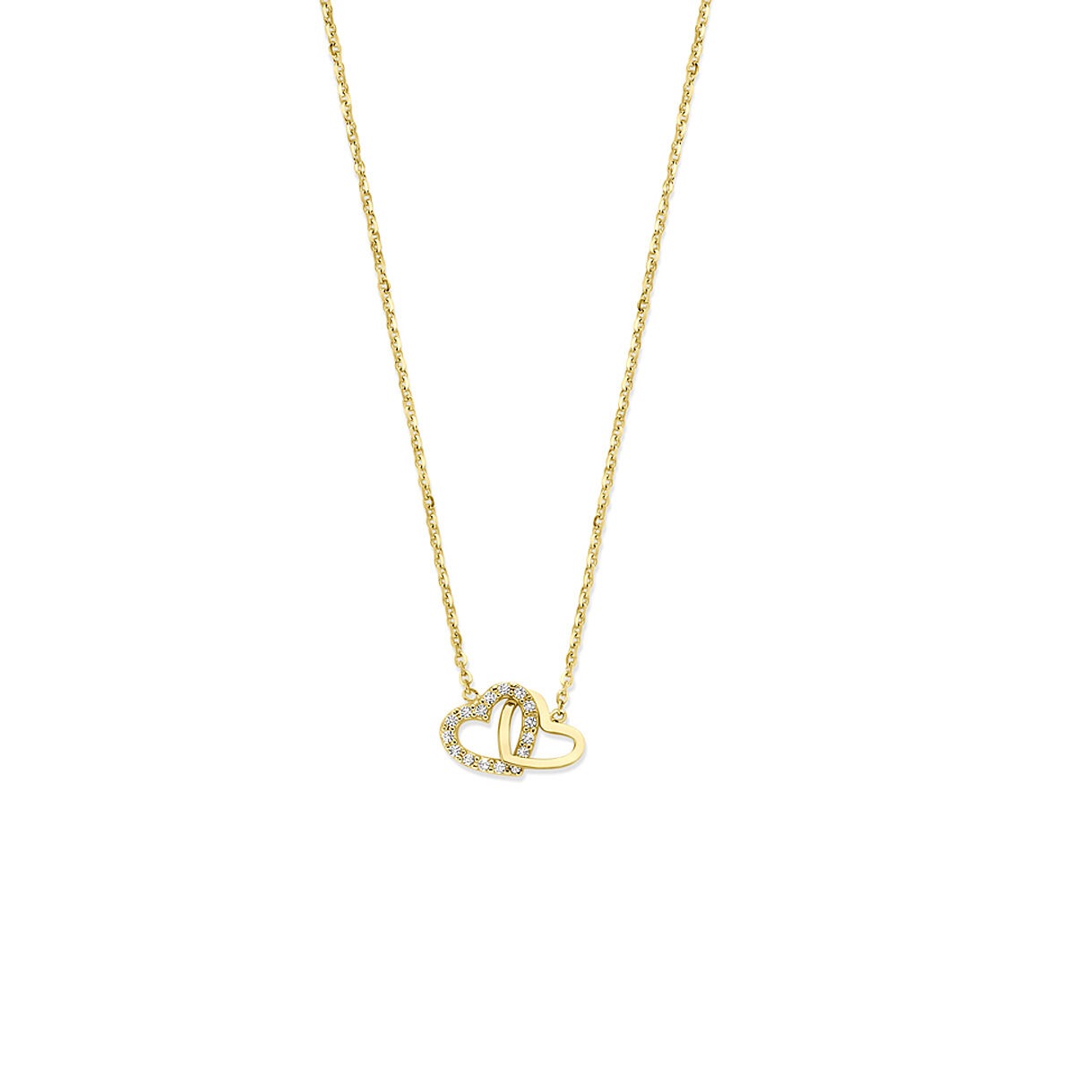 Geelgouden collier met een hartje en zirkonia, fijn schakelkettinkje.