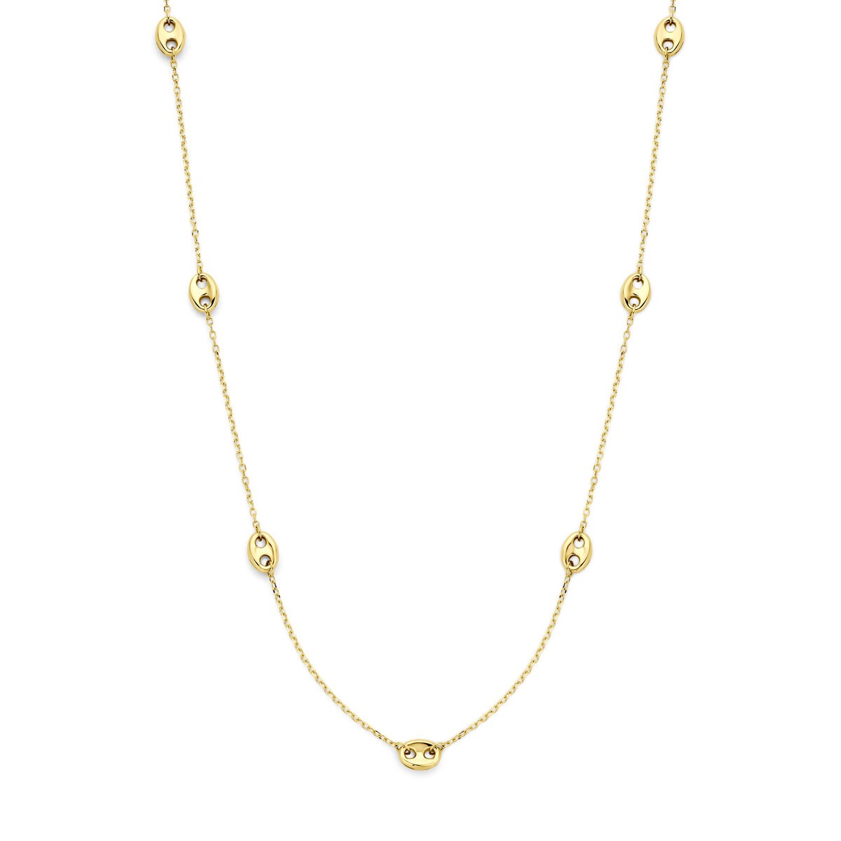 Geelgouden ketting met koffieboonvormige schakels, fijn en tijdloos ontwerp.