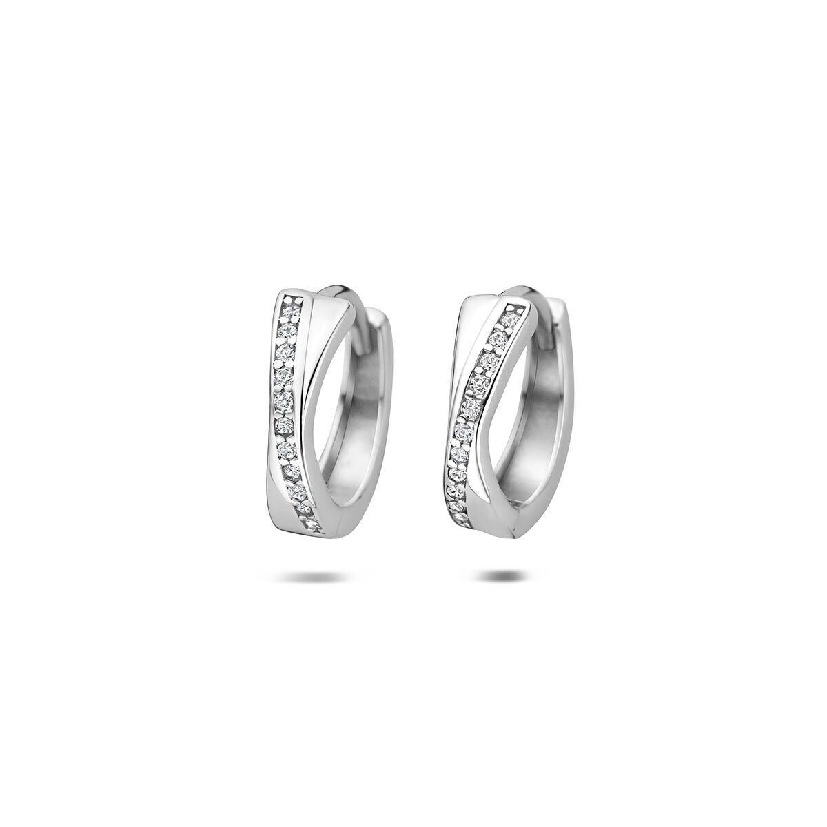 Orecchini alla creola in argento 925 rodiato con zircone, design ondulato.