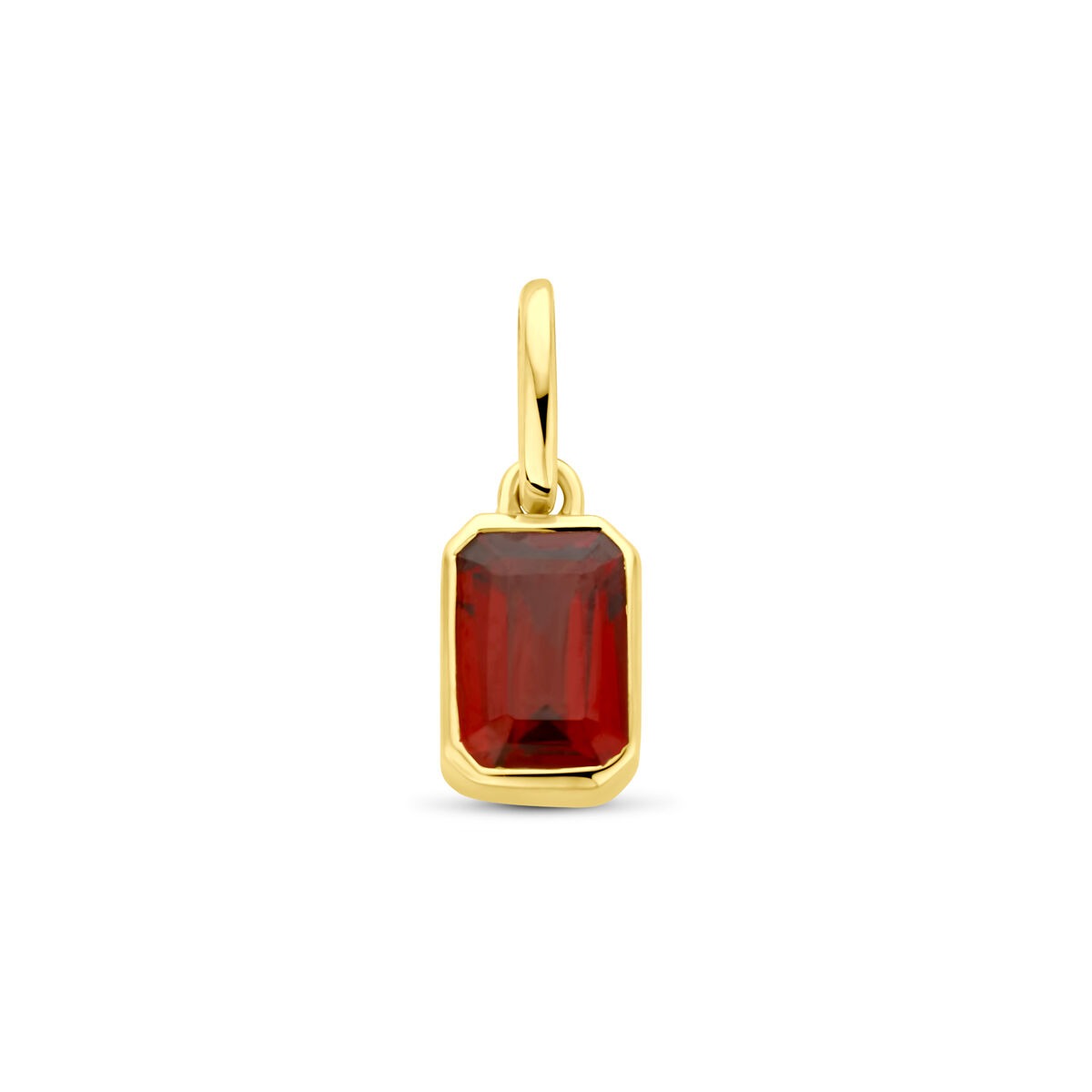 Ciondolo in oro giallo 14K con pietra di granato rettangolare di 12 mm.