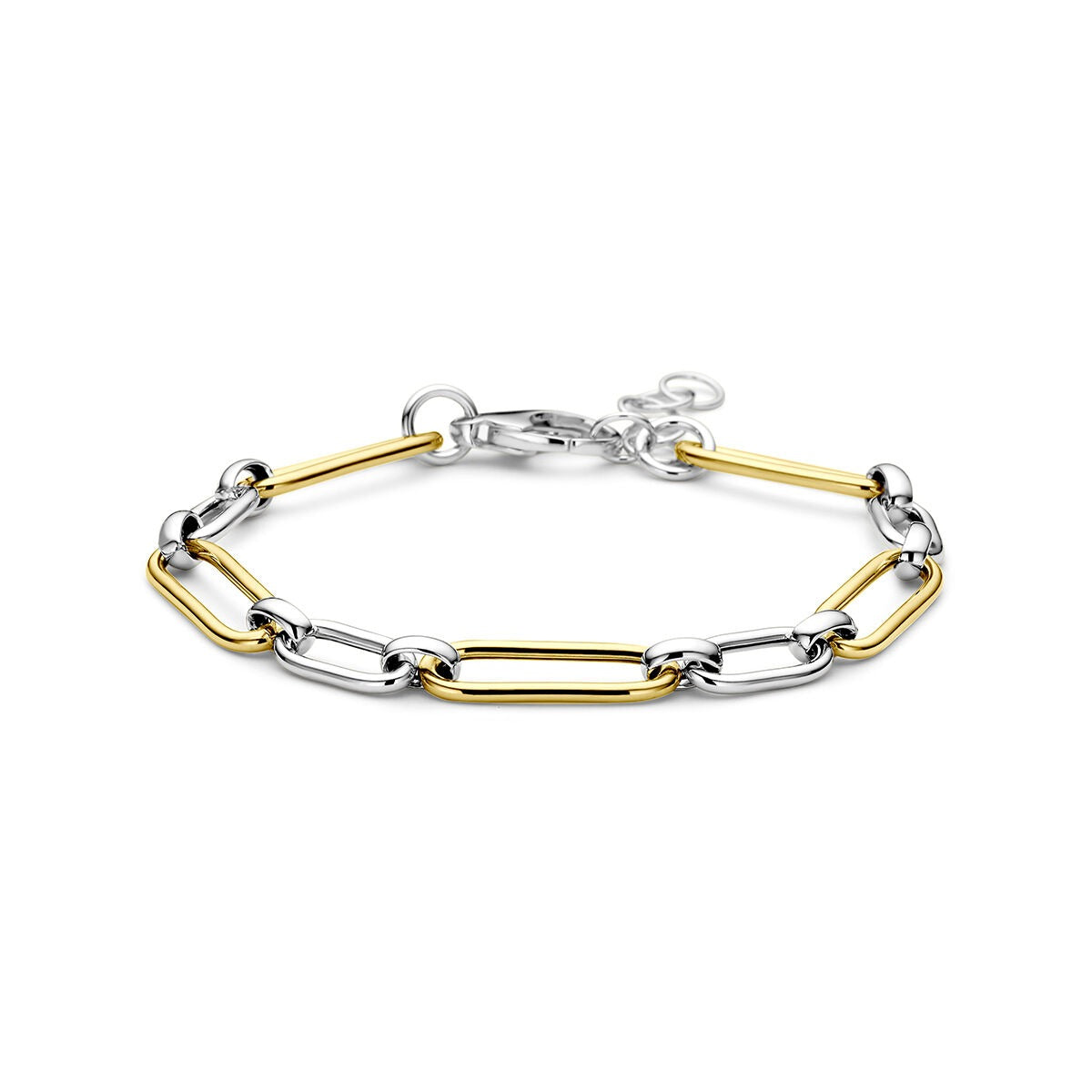 Bracciale in argento 925 placcato oro e rodiato, con maglie a forma di graffetta.