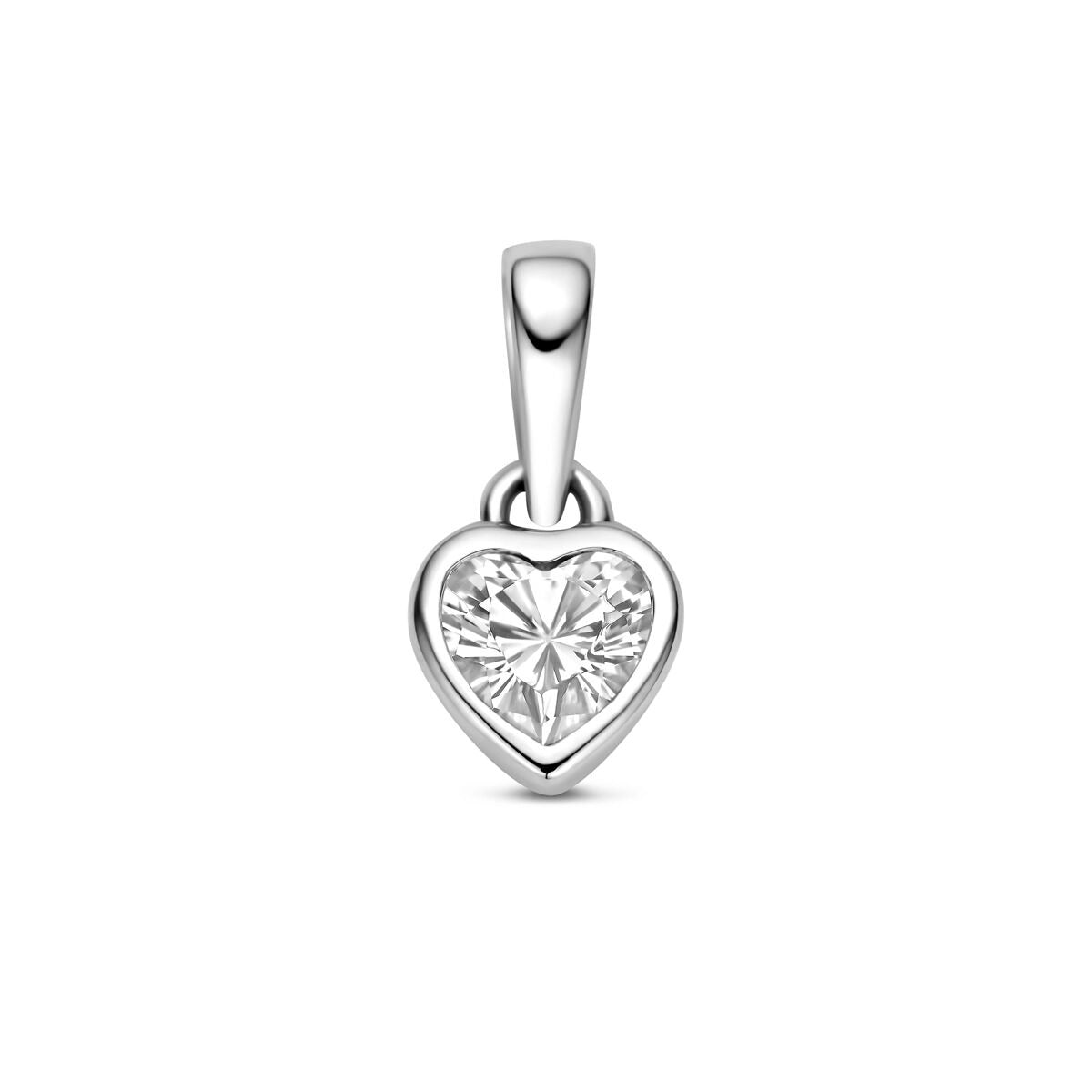 Ciondolo a forma di cuore in argento rodiato con zirconi.