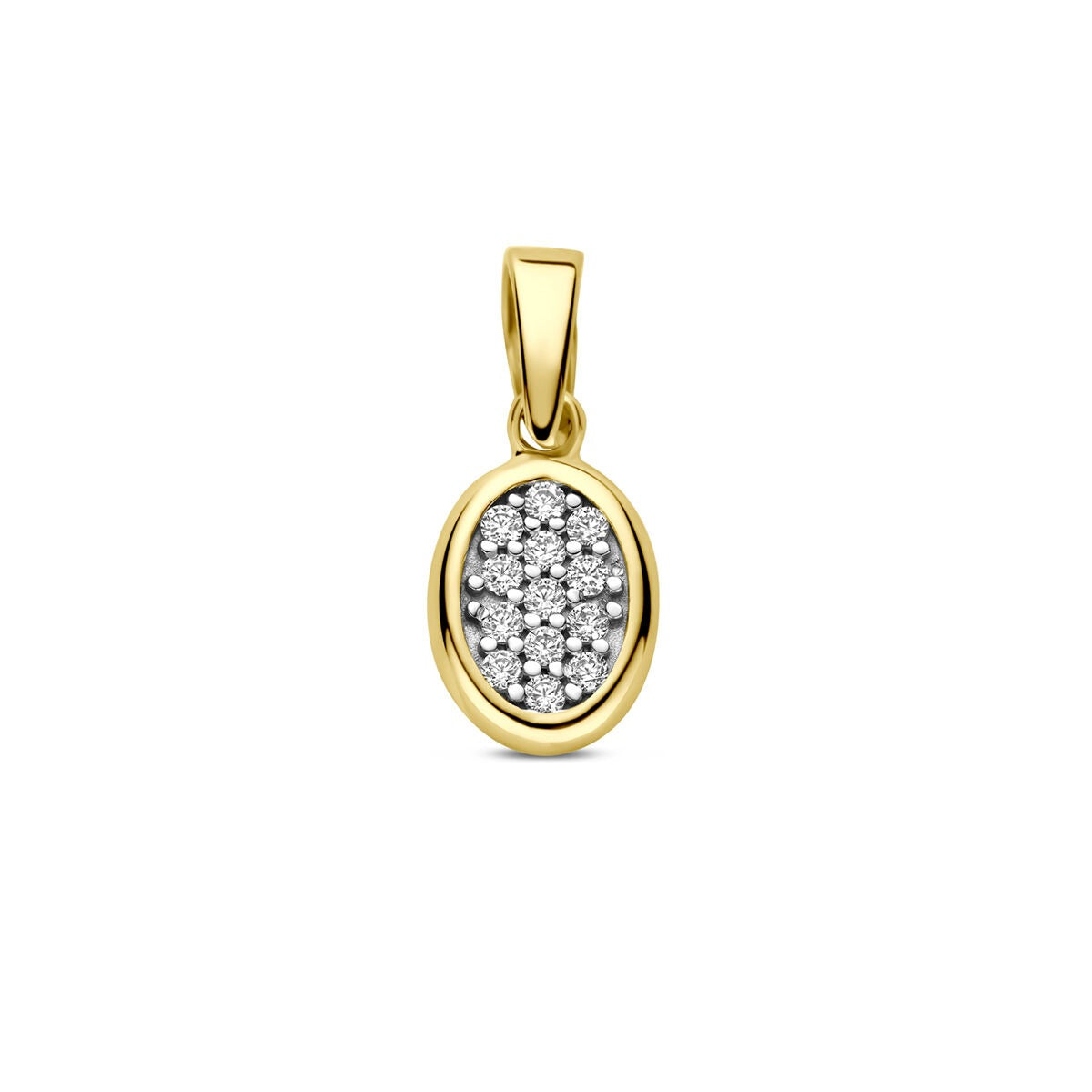 Ciondolo in oro giallo 14k con zircone, forma ovale e finitura lucida.