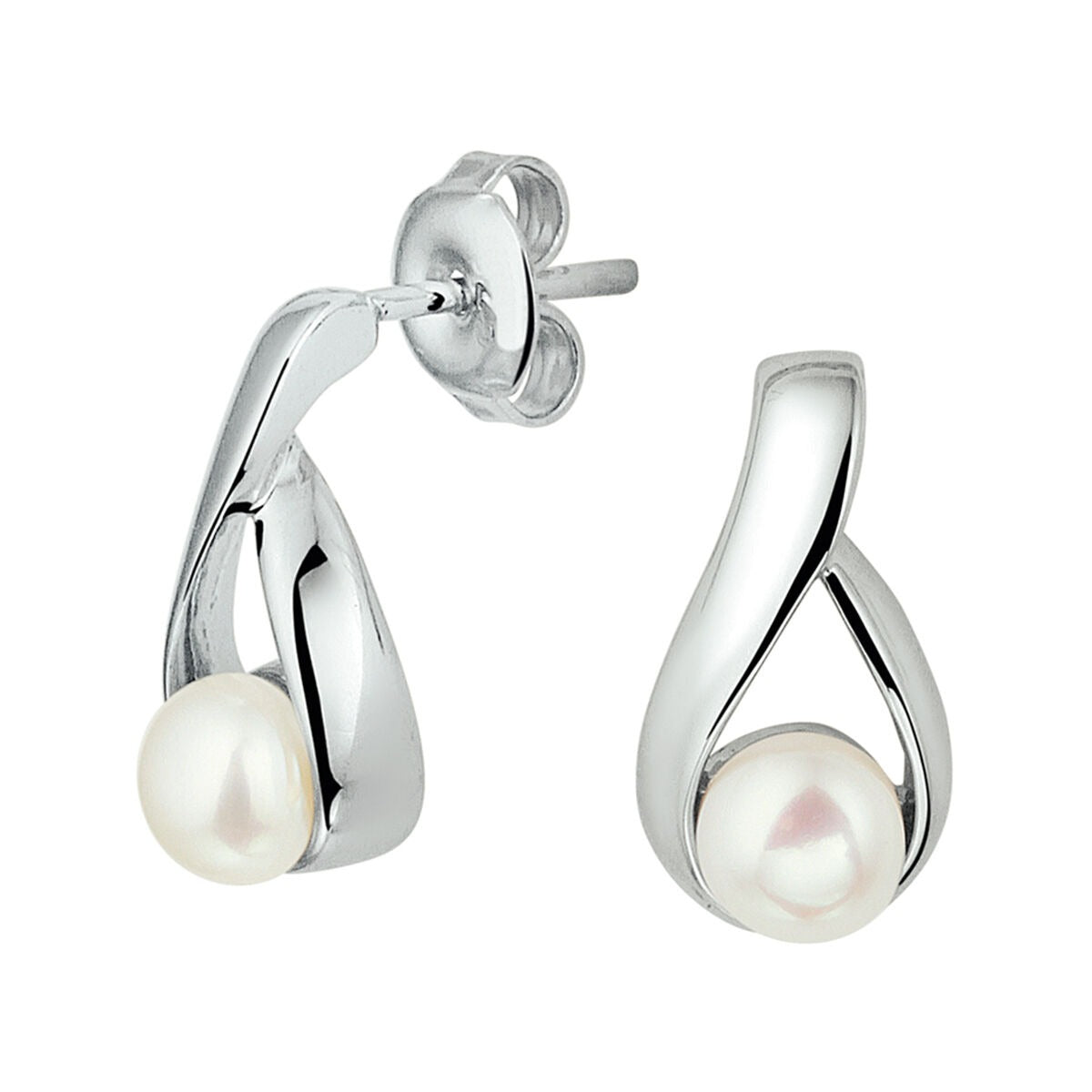 Orecchini in argento rodiato con perla bianca, design a goccia.