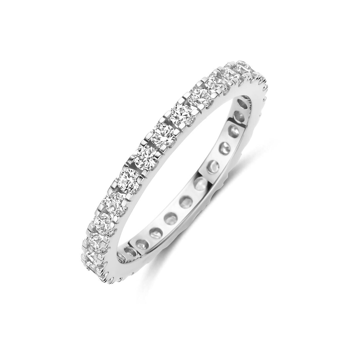 Gerhodineerde 925 zilveren ring met een rij van heldere zirkonia steentjes van 2.2 mm.