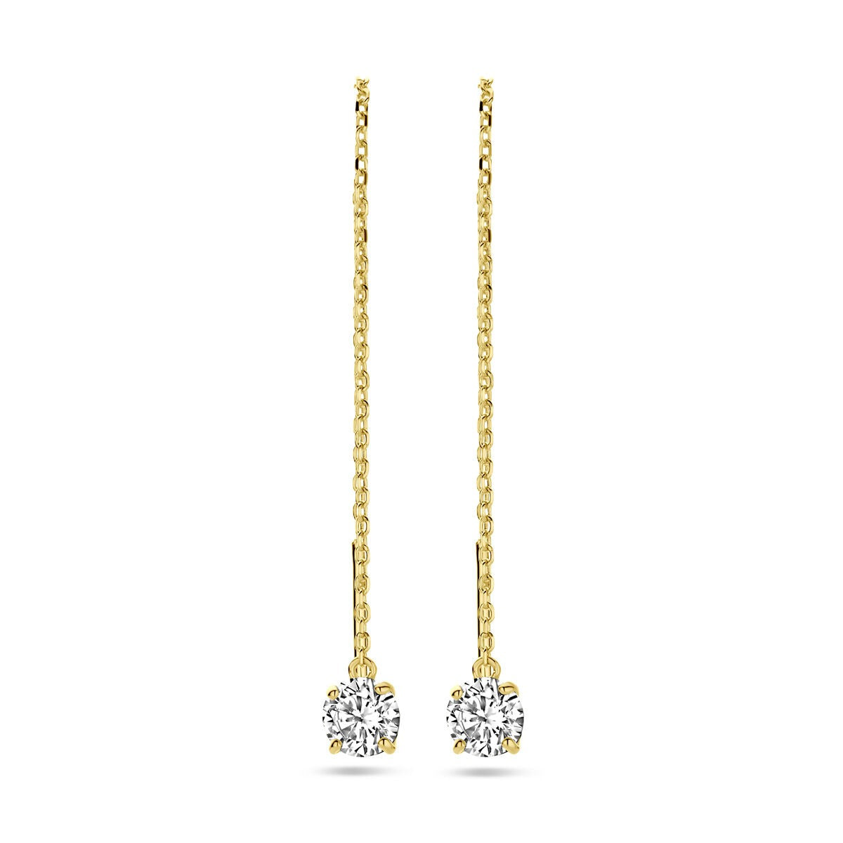 Orecchini pendenti in oro giallo 9k con zirconi, con catena sottile e pendente a forma di fiore.