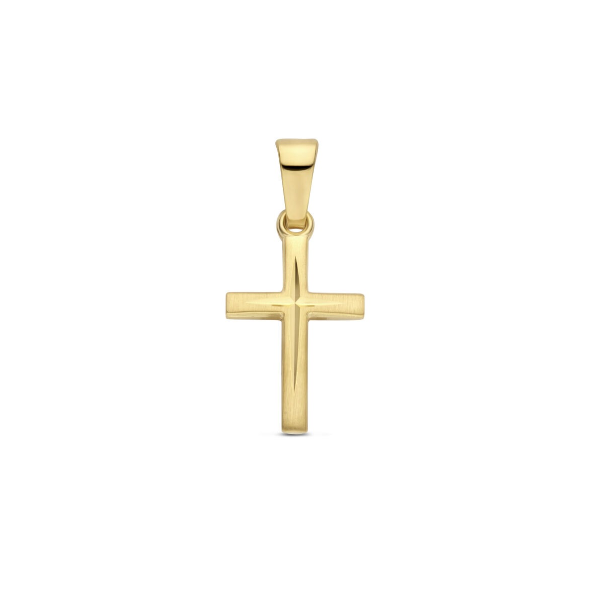 Geelgouden kruis hanger met een matte en gediamanteerde afwerking.