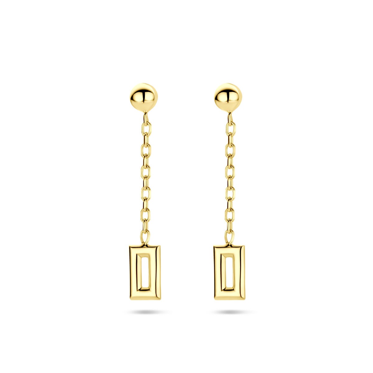 Orecchini da donna in oro giallo 14k con pendenti rettangolari, lunghezza 28 mm.