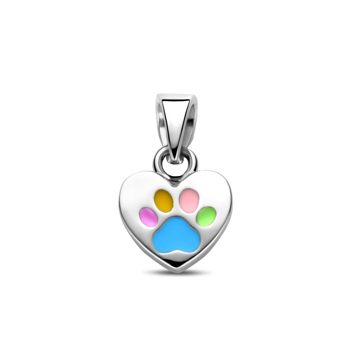 Ciondolo a forma di cuore in argento con impronta di zampa colorata.