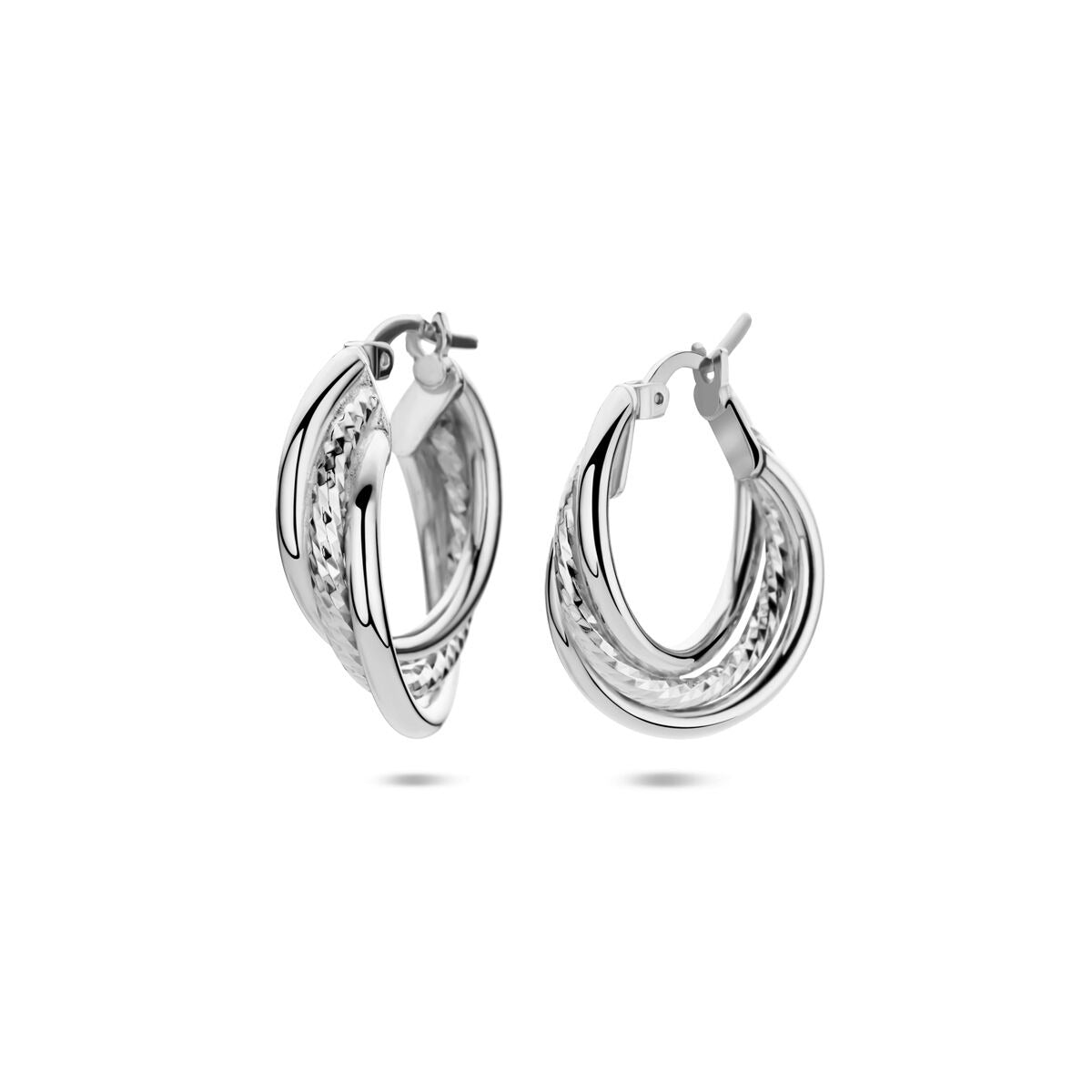 Orecchini argentati in argento rodiato, forma a mezza luna, dimensioni 23,5 x 6 mm.
