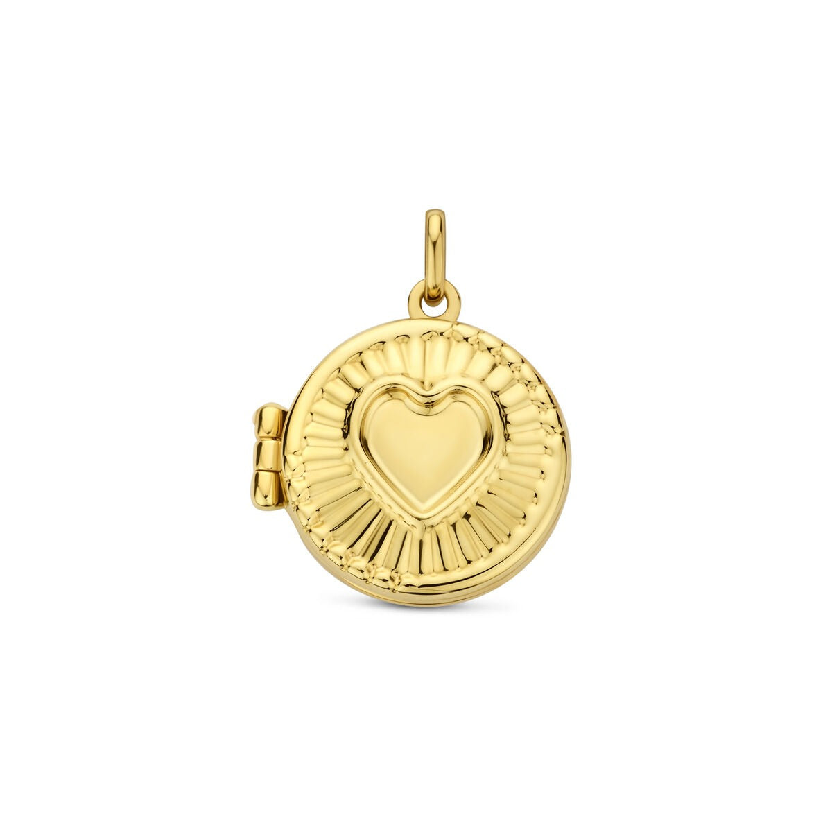 Medaillon in oro giallo 14k con cuore e dettagli incisi.