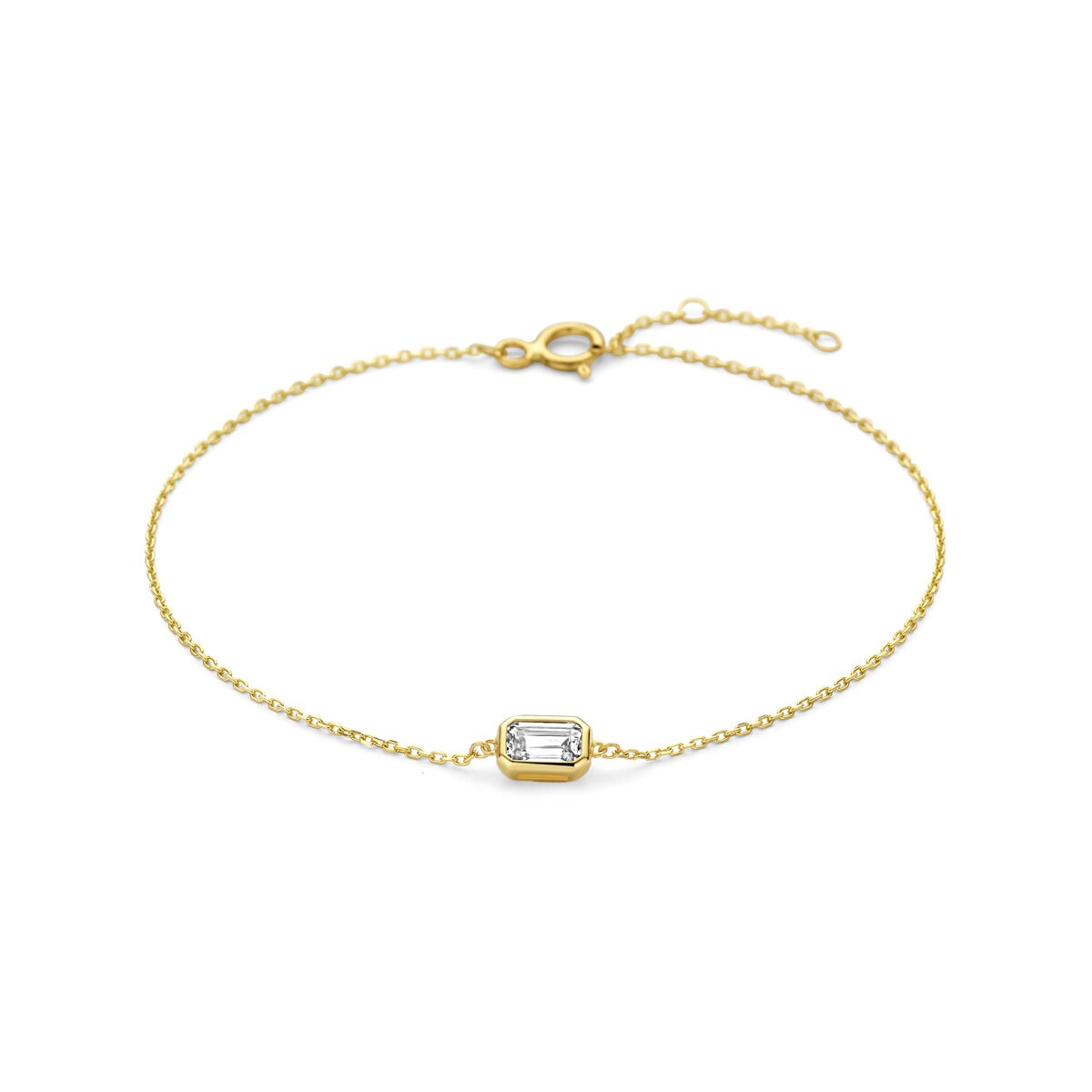Bracciale in oro giallo 14k con zircone taglio smeraldo al centro.