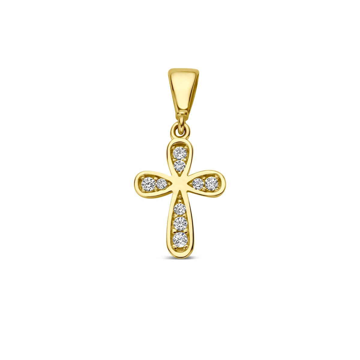 Ciondolo a croce in oro giallo 9k con zirconia, dettagli lucidi e forma delicata.