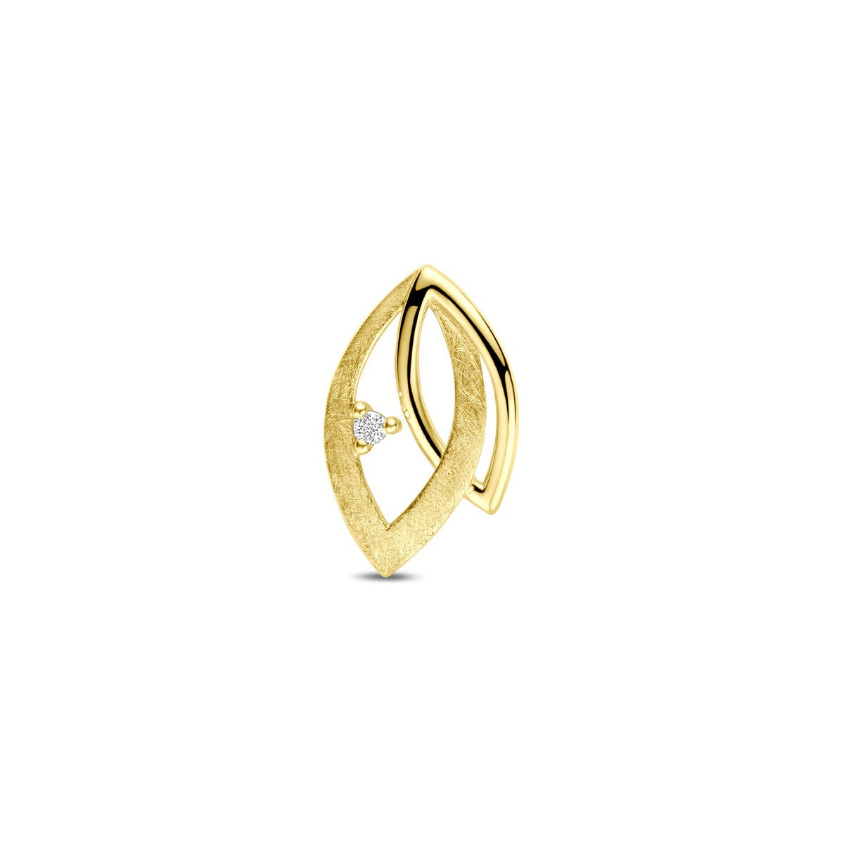Ciondolo in oro giallo 14k con diamante 0,02 ct, forma a foglia, finitura opaca.