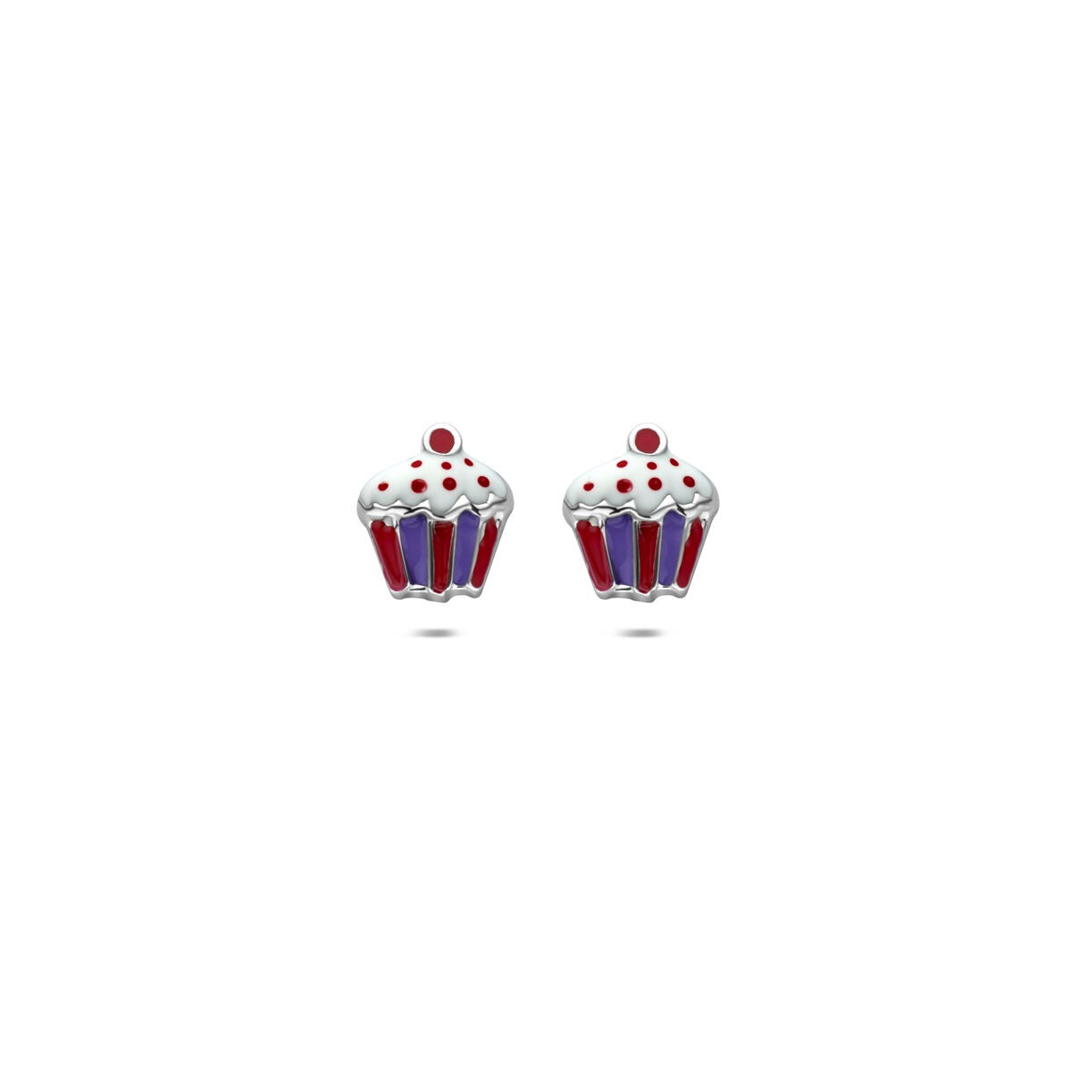 Zilveren gerhodineerde oorknopjes in de vorm van een cupcake met rode en paarse details, 7,5 mm.